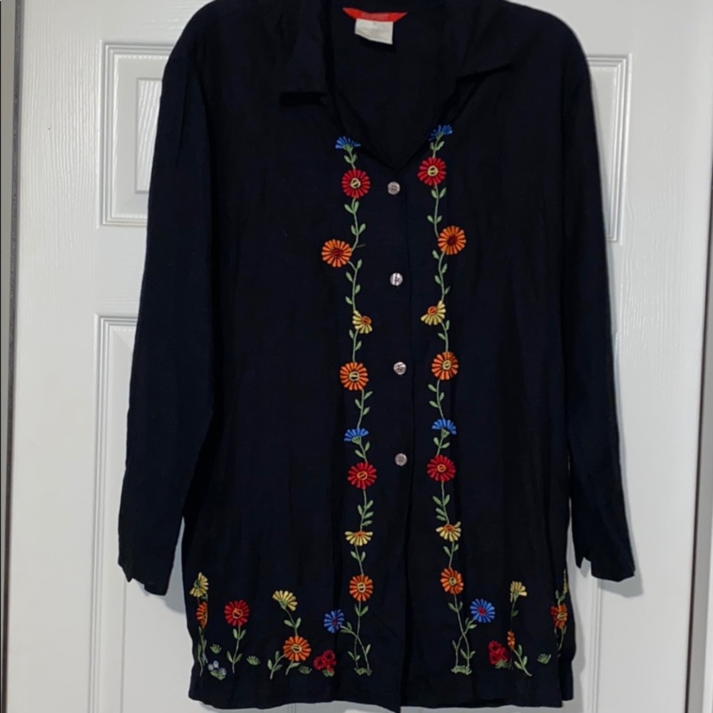 Vintage 80s ESRIT Black Embroidered Shirt SZ S